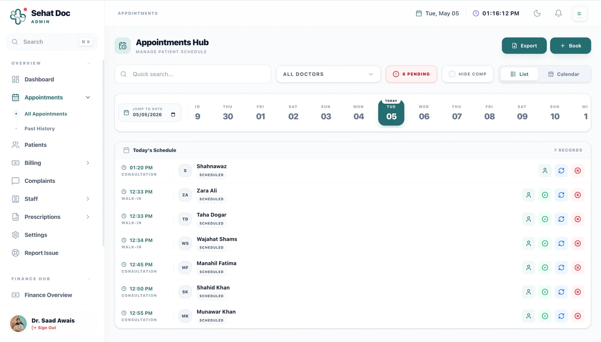 SehatDoc's appointment hub with the day's bookings, arrival status and live queue