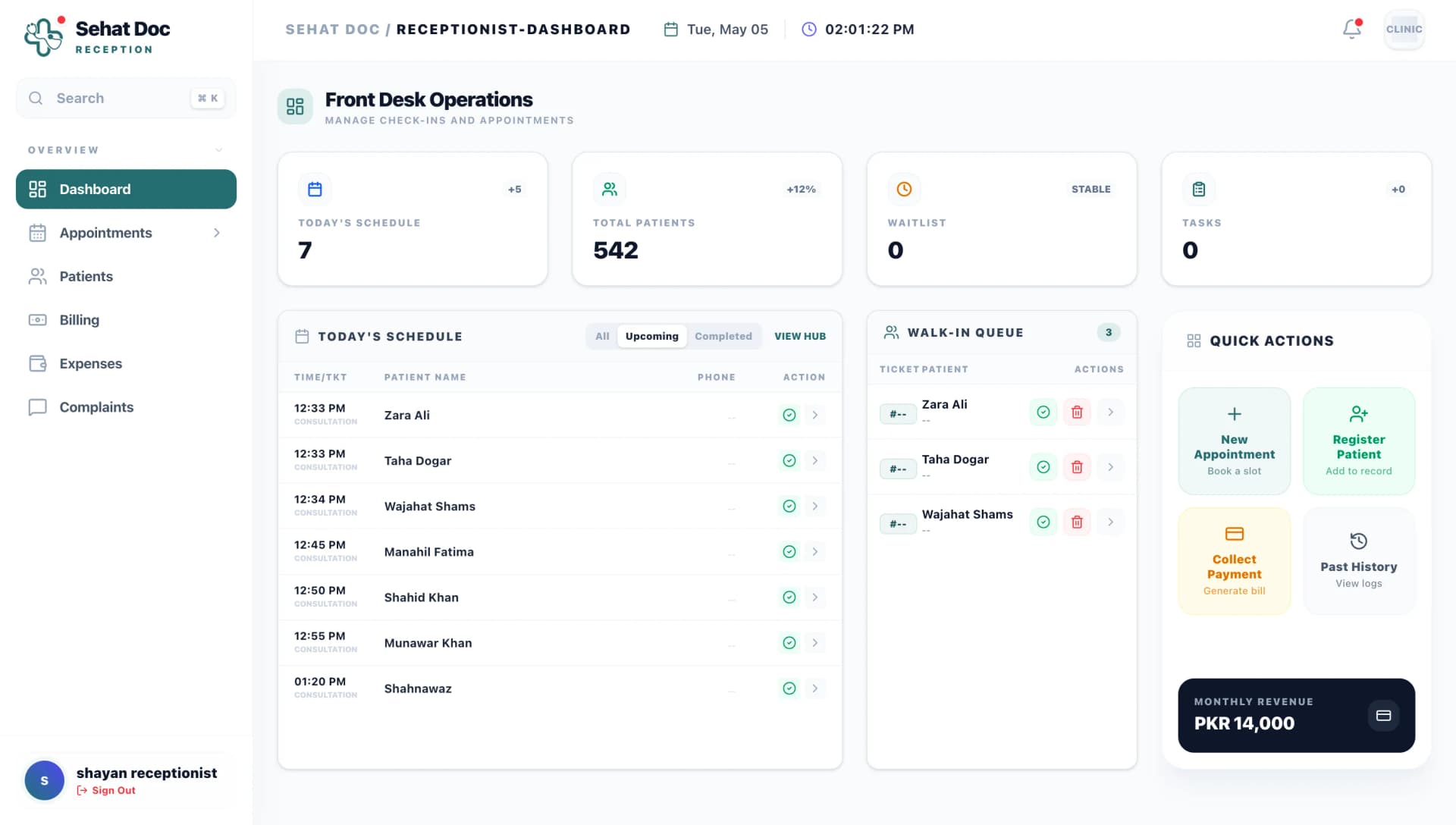 Receptionist Dashboard