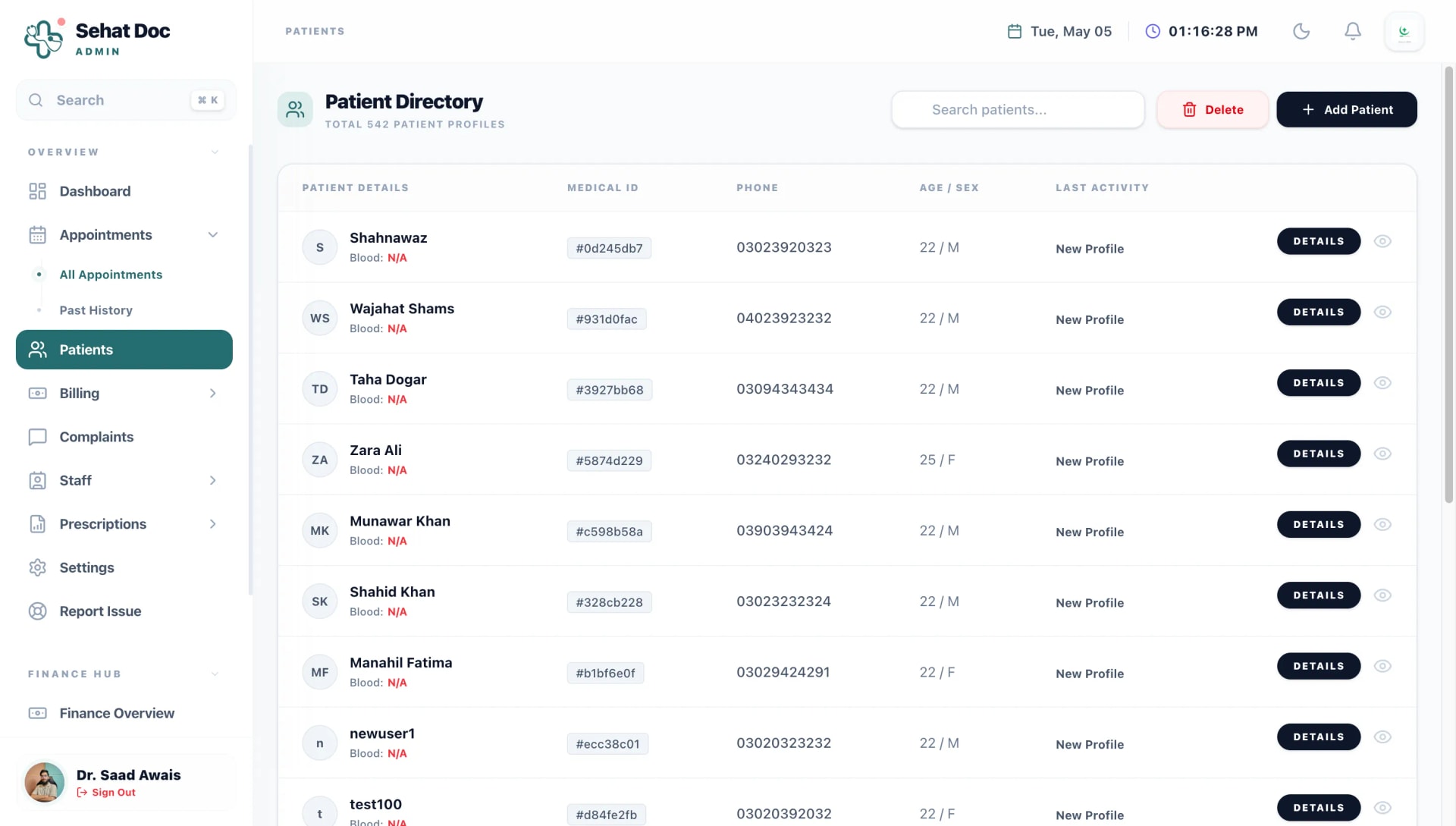 The SehatDoc patient directory with search and the per-patient visit timeline