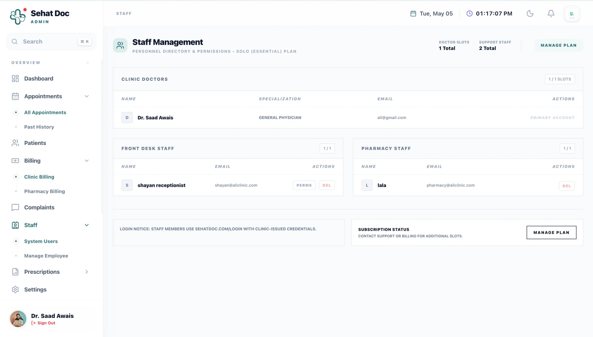 The SehatDoc staff management screen with per-role permissions