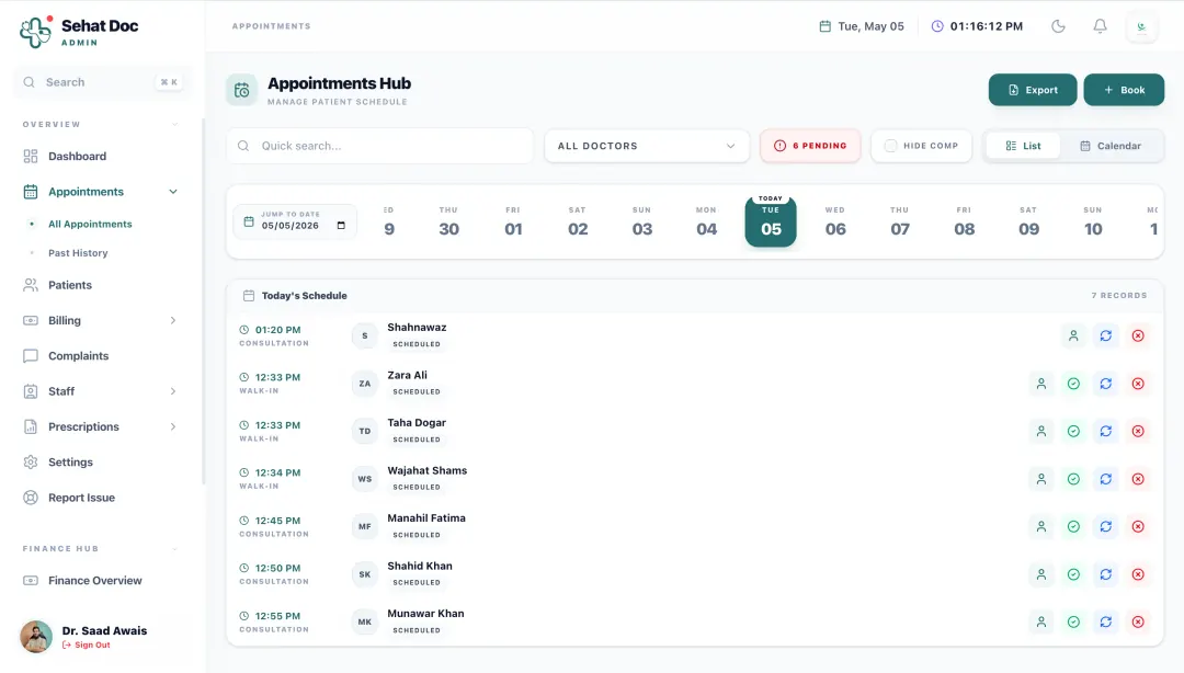 SehatDoc appointments screen showing the day's booked and walk-in patients by doctor with token numbers