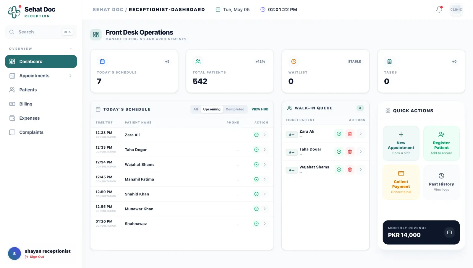The SehatDoc receptionist portal: today's bookings, arrivals and payments, with no clinical notes visible