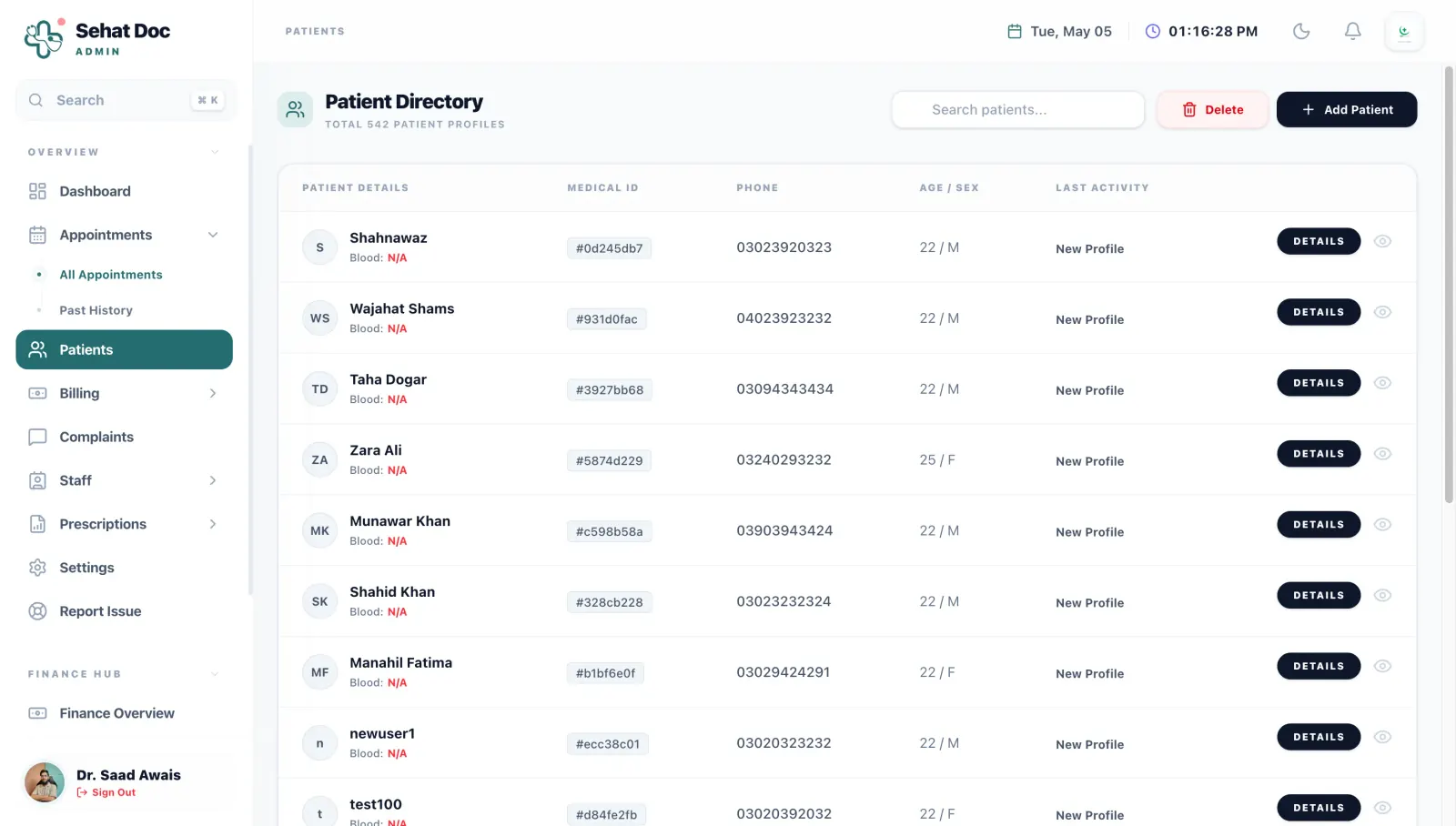 The SehatDoc patient directory with search, demographics and the per-patient visit timeline