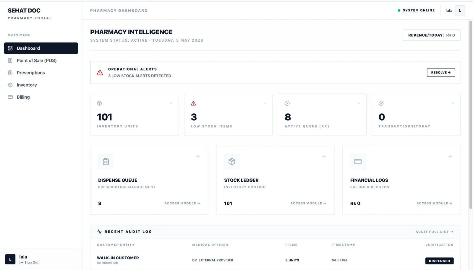 The SehatDoc pharmacy dashboard showing stock levels, expiring batches and counter sales